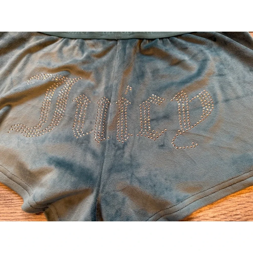 Juicy Couture Velour Sleep Shorts Womens Medium Teal Excellent Rhinestone Y2K - Picture 3 of 11